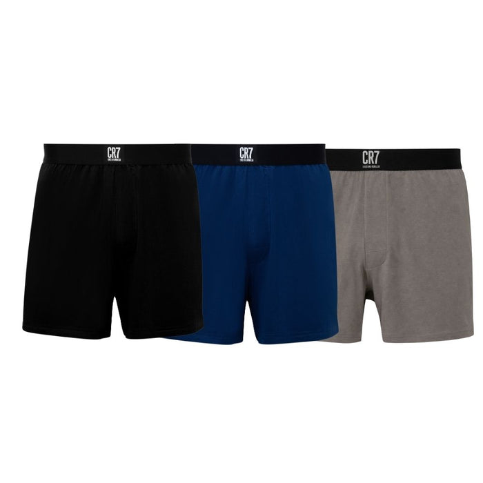 CR7-Boxers Homem Pack de 3 Boxers em Modal – Corte Largo, Perna Mais Comprida e Máximo Conforto, Preto, Cinza Azul