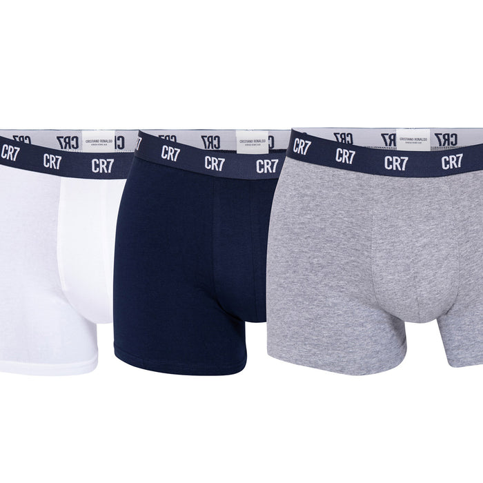 CR7-Boxers Homem em Algodão Orgânico PACK de 3 unidades cores Sortidas, Branco-Marinho-Cinza, Elástico CR7 contraste