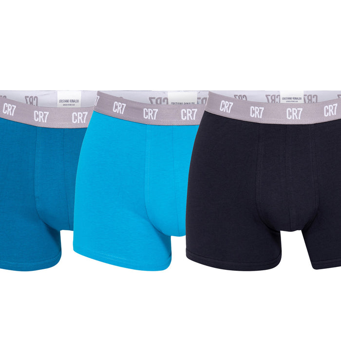 CR7-Boxers Homem em Algodão Orgânico PACK de 3 unidades cores Sortidas, Marinho-Azul Claro-Azul Médio, Elástico CR7 contraste