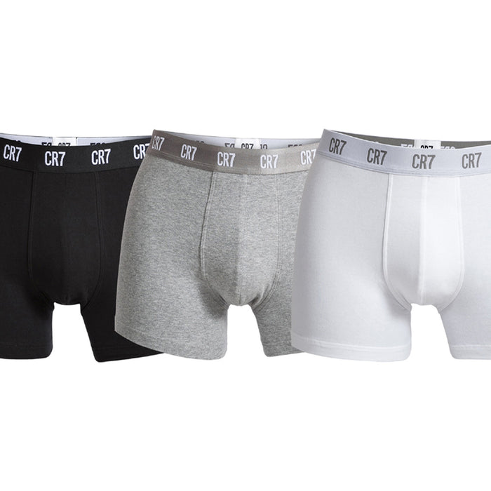 CR7-Boxers Homem em Algodão Orgânico PACK de 3 unidades, Sortidas, Cinza-Preto-Branco, Elástico CR7 contraste
